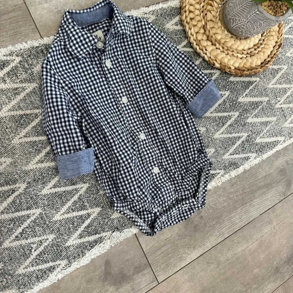 Oshkosh B’Gosh Baby Boy Navy White Gingham Checkered Button-Front Bodysuit